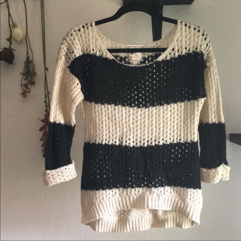 Pink Rose stripe black beige cream sweater knit crochet net